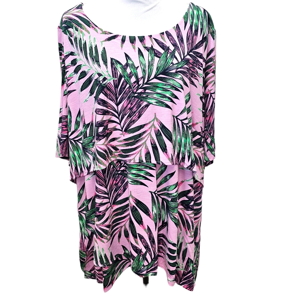 Avenue Cheree Layered Top Plus Size 26/28 Pink Tropical Print